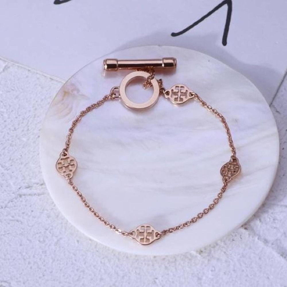 New Tory Burch Rose Gold Station Logo Toggle Bracelet